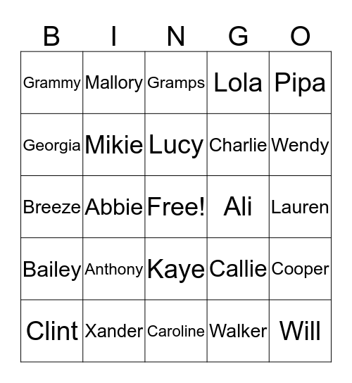 Family Gathering Bingo Card