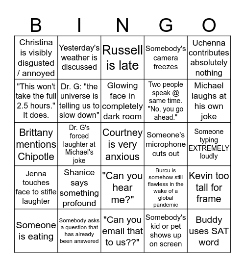 CMHC Quarantine Meeting Bingo Card