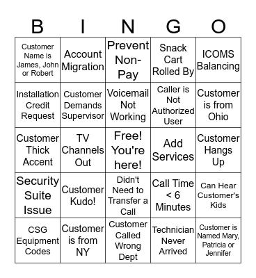 Call Center Bingo Card