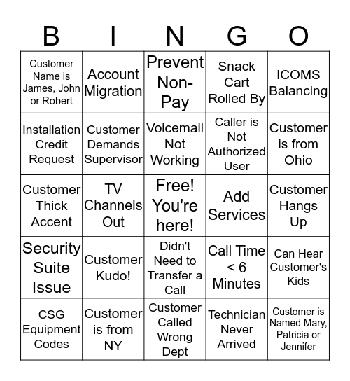 Call Center Bingo Card