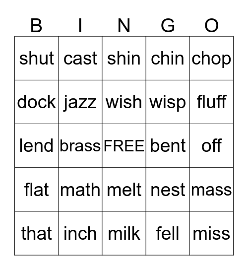 Closed-Syllable Words Bingo Card