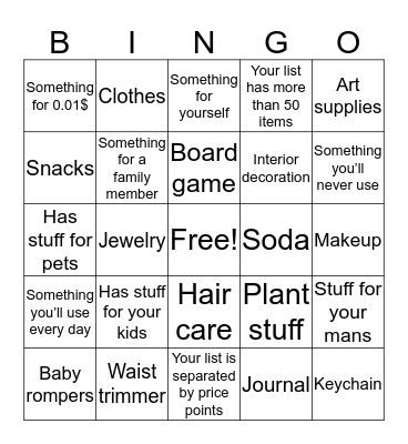 Amazon list bingo  Bingo Card