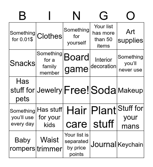 Amazon list bingo  Bingo Card
