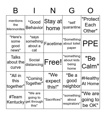 Beshear COVID-19 Bingo Card