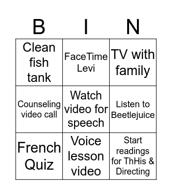 Tuesday Bingo Card