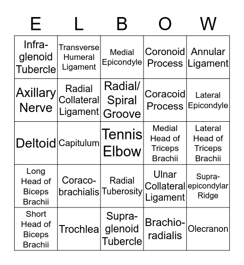Arm and Elbow Synthesis Bingo Card