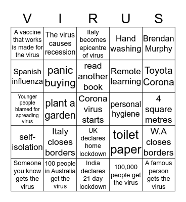 Coronavirus Bingo Card