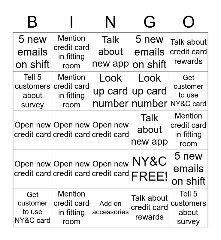 New York and Company Bingo Card