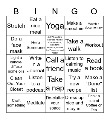 Working from home self-care Bingo Card