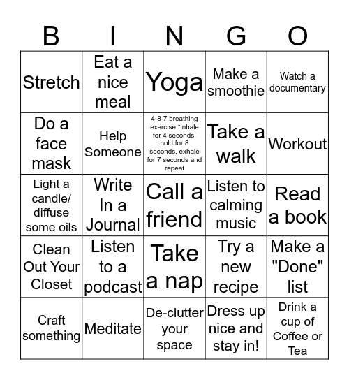 Working from home self-care Bingo Card