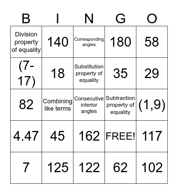 Angle relationship bingo Card