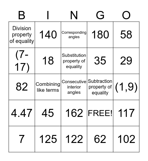 Angle relationship bingo Card