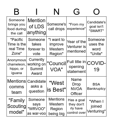 WR VOA President Selection Bingo Card