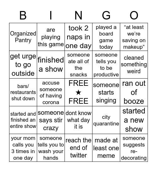 Quarantine Bingo Card