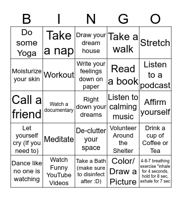 Self-care during COVID-19 Bingo Card