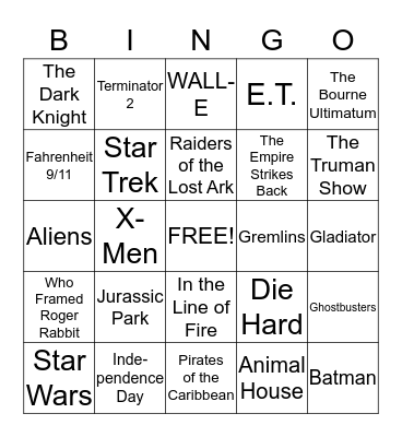 Summer Movie Blockbusters Bingo Card