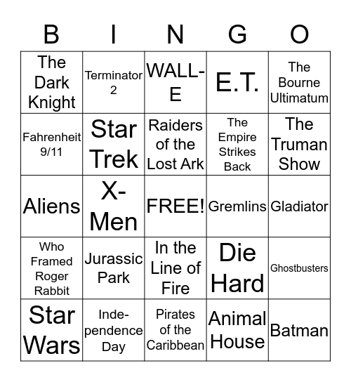 Summer Movie Blockbusters Bingo Card