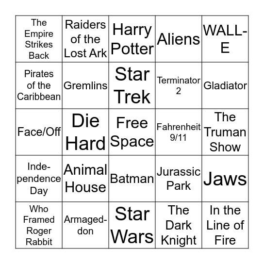 Summer Movie Blockbusters Bingo Card