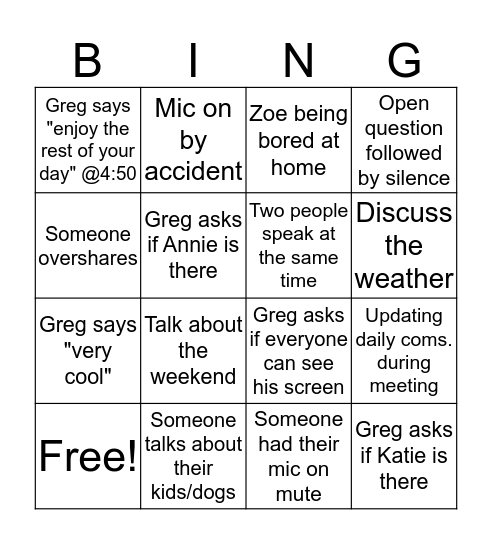 Marketing Meeting Bingo Card