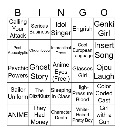 Anime Bingo Card