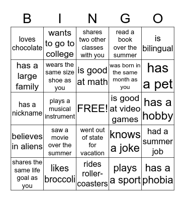 Buddy Bingo  Name_______________________ Bingo Card