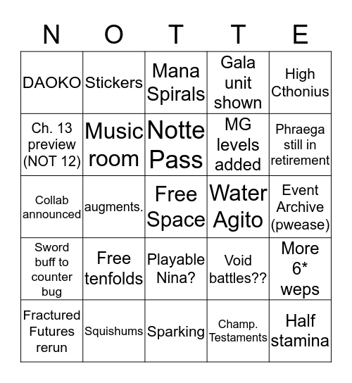 Dragalia Digest Bingo Card