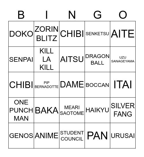 Anime Bingo Card