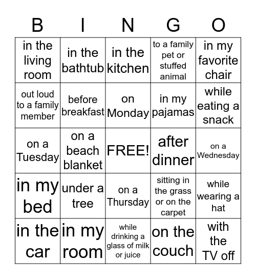 I Read For 20 Minutes......... Bingo Card