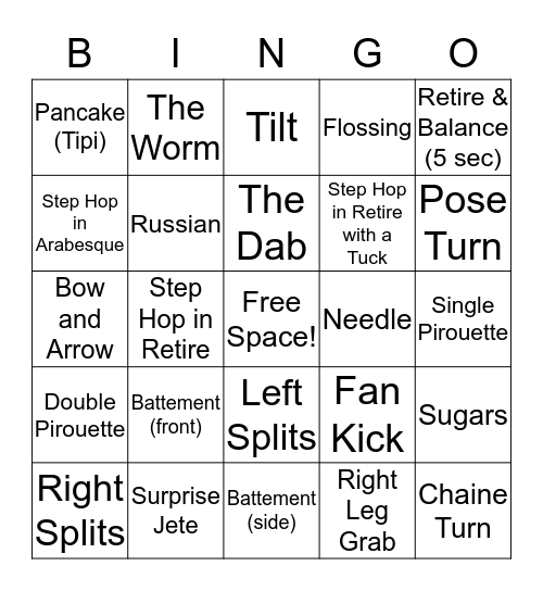 Kickit Jazz Class Bingo  Bingo Card