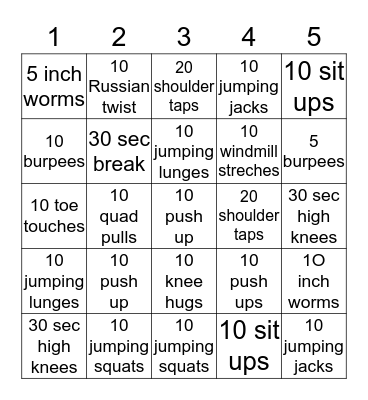 Dice Fitness  Bingo Card