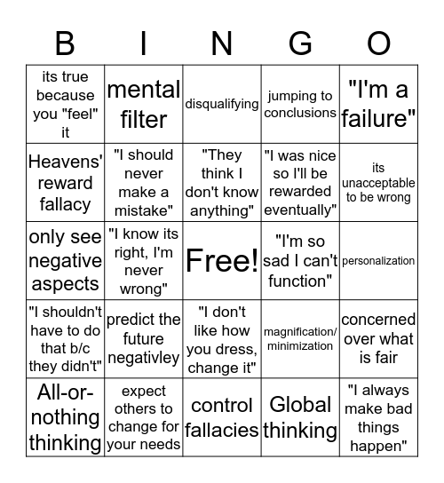 Thinking Errors  Bingo Card