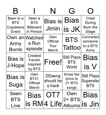 Bangtan Bingo Card