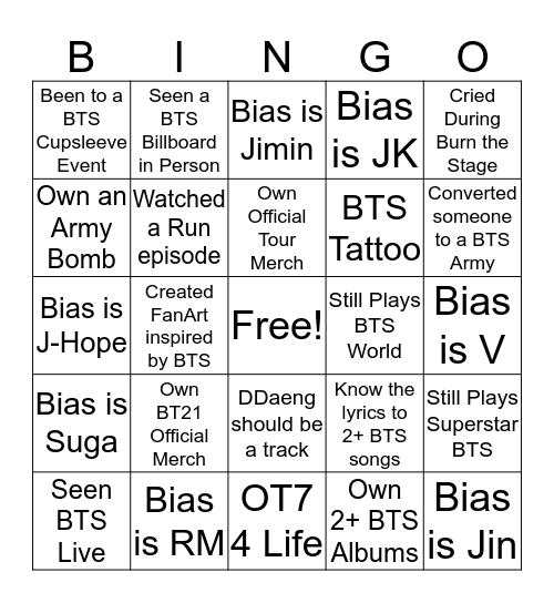 Bangtan Bingo Card