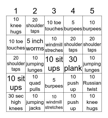 Dice Fitness  Bingo Card