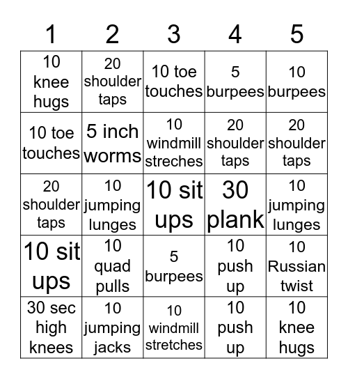 Dice Fitness  Bingo Card