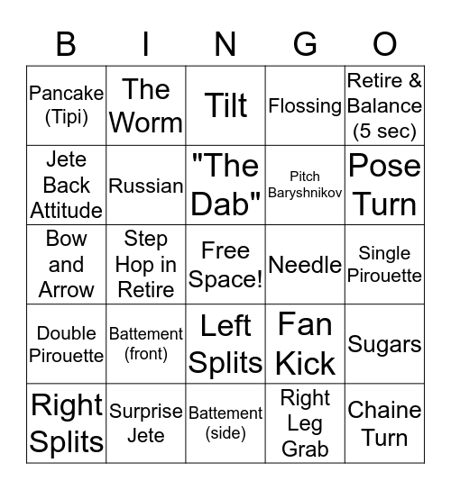 Kickit Intermediate Advanced Jazz Class Bingo  Bingo Card