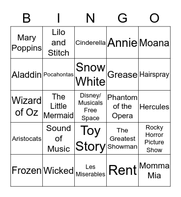 Disney/Musicals Round Bingo Card