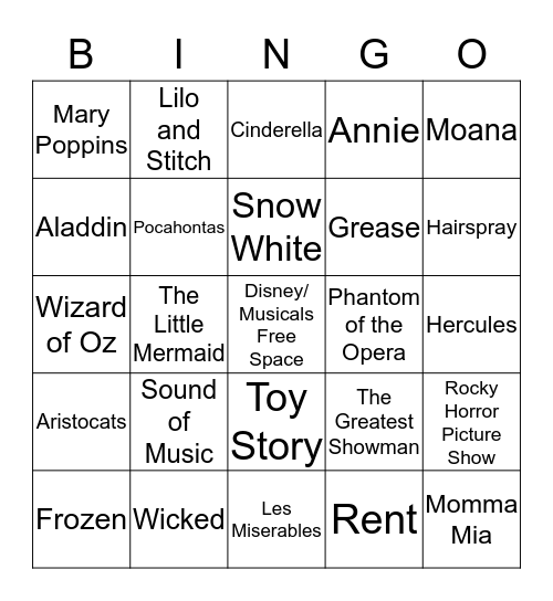 Disney/Musicals Round Bingo Card