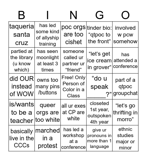 i’m not straight or white but i went to cal poly slo Bingo Card