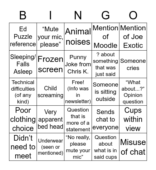 Virtual Faculty Meeting Bingo Card