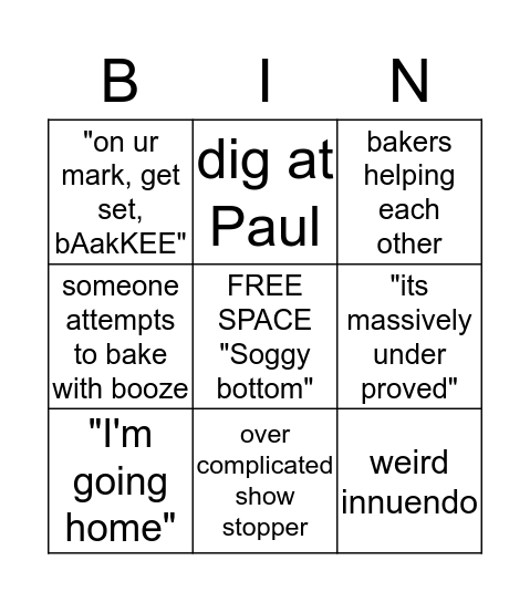 Great British Baking Show Bingo Card