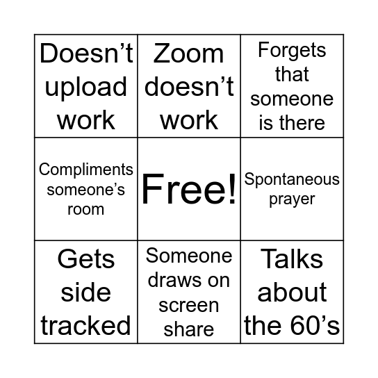 Mrs Ellis Zoom Bingo Card