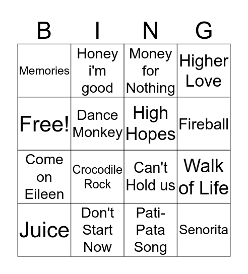 Johns Musical Bingo Card