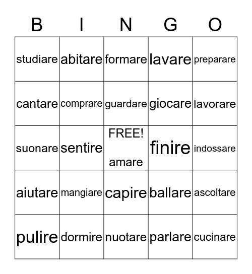 VERBS Bingo Card