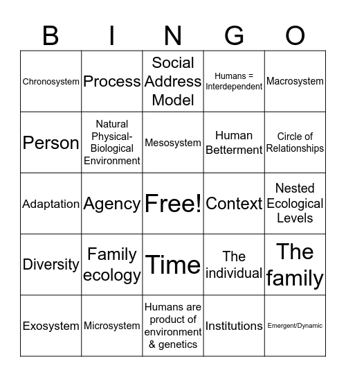 Family Ecological Theory Bingo Card