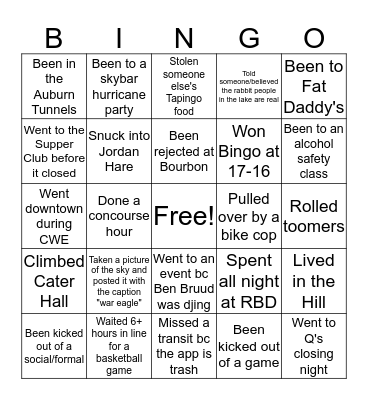 Auburn Bingo Card