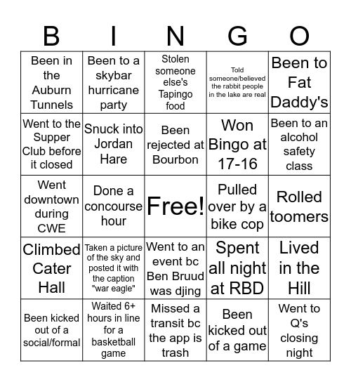 Auburn Bingo Card