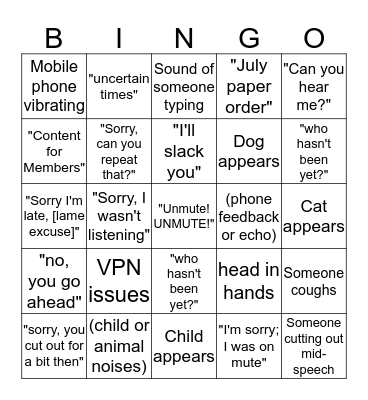 COVID-19 Conference Call Bingo Card