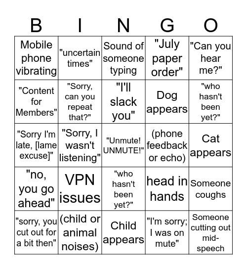 COVID-19 Conference Call Bingo Card