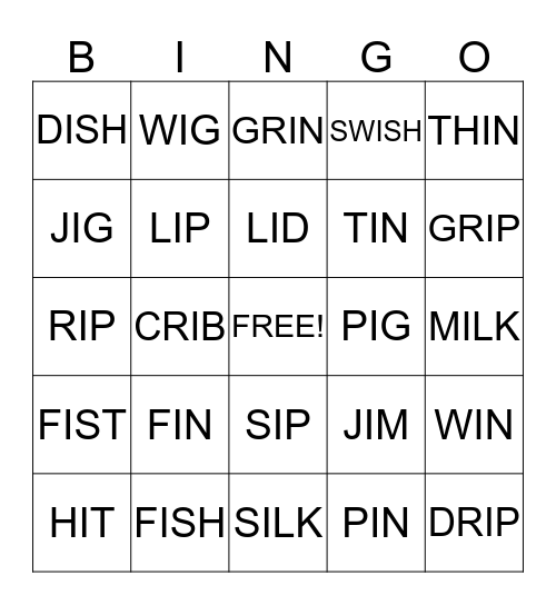 SHORT VOWEL I  Bingo Card